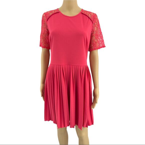 ASOS US 10 Pink Floral Lace Short Sleeve Zip Up Pleated Mini Fit & Flare Dress - Picture 1 of 7